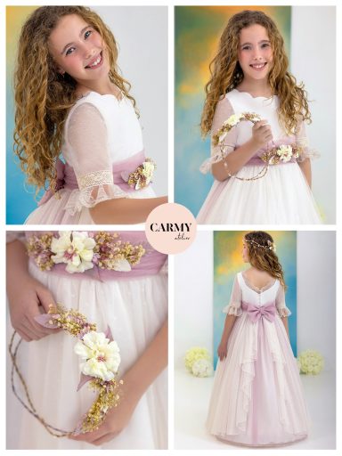 Niña con vestido blanco, cinturón rosa y flores, sonriente, en poses diversas.